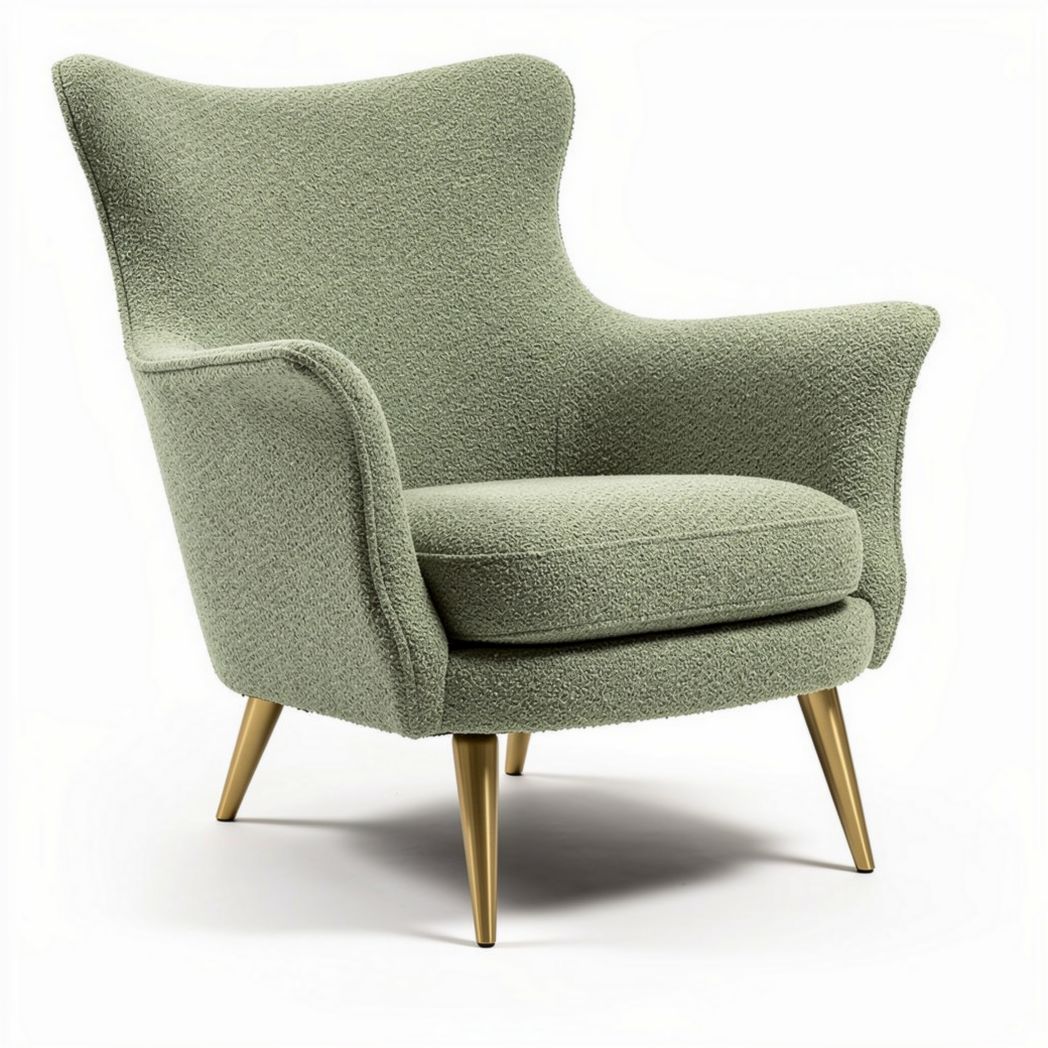 Poltrona in tessuto bouclé verde con gambe in legno dorato 80 x 80 x 90cm