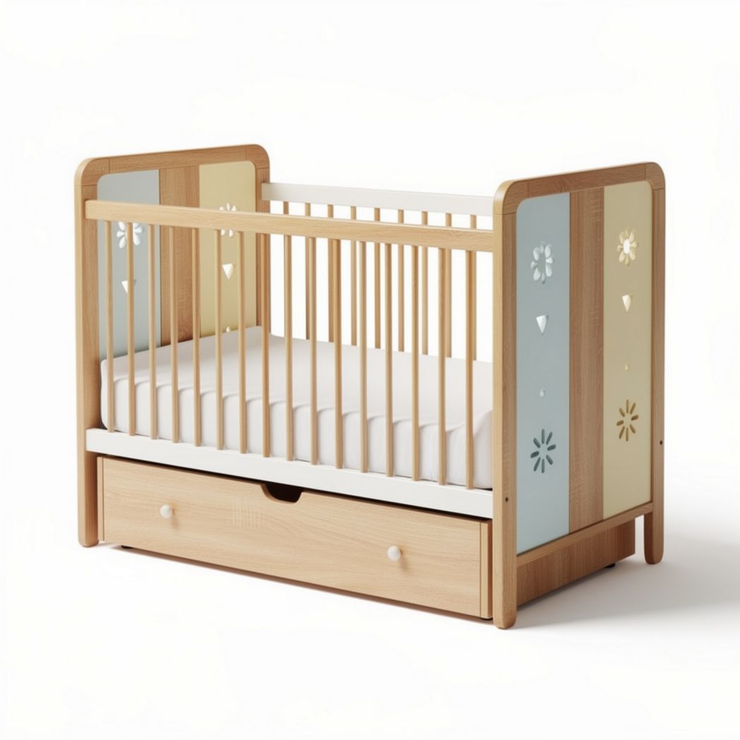 Culla in legno con cassetto e pannelli decorativi 120 x 60 x 90cm