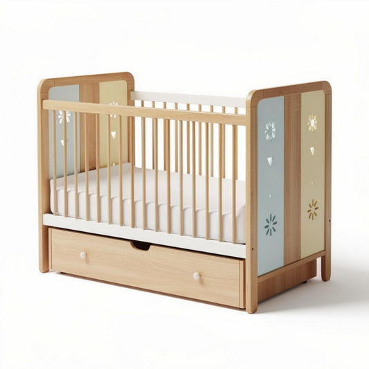 Culla in legno con cassetto e pannelli decorativi 120 x 60 x 90cm