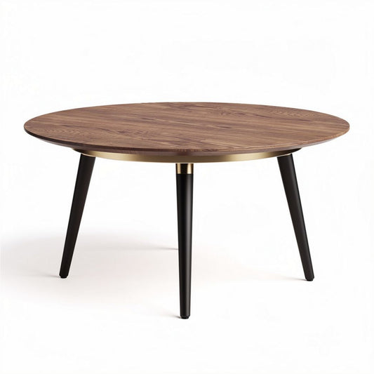Tavolo rotondo in legno scuro con gambe nere e finitura oro diametro 100cm