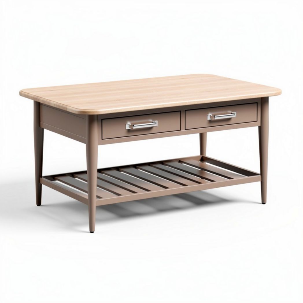 Tavolino da caffè in legno con due cassetti e ripiano inferiore 120 x 60 x 45cm color tortora