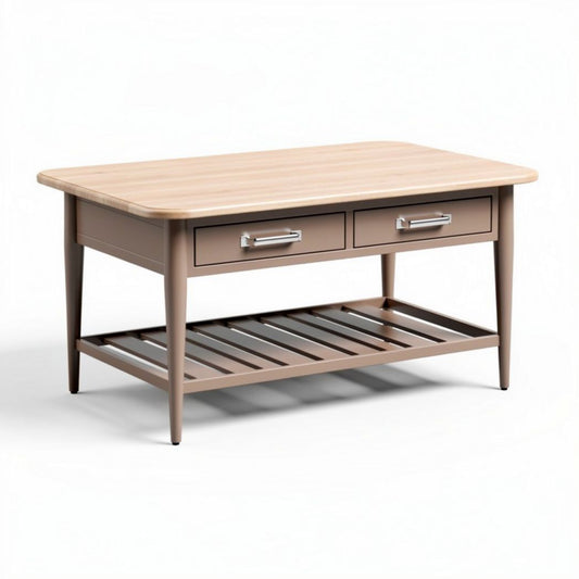 Tavolino da caffè in legno con due cassetti e ripiano inferiore 120 x 60 x 45cm color tortora